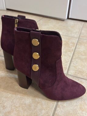 Tommy Hilfiger Burgundy Suede Ankle Booties with Gold Emblem Buttons
